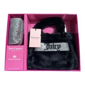 Juicy Couture Liquorice Black Mini Tote & Barrel Coin Purse Gift Set Fluffy NWT